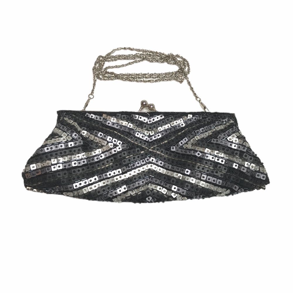 Beaded and Sequin Evening Bag, Black, Gray, Silver